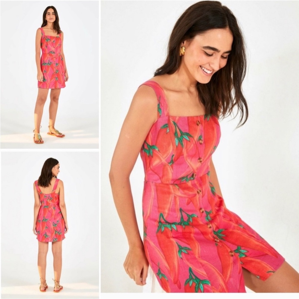 FARM Rio Pink Tropical Mini Dress with Green Leaf Print